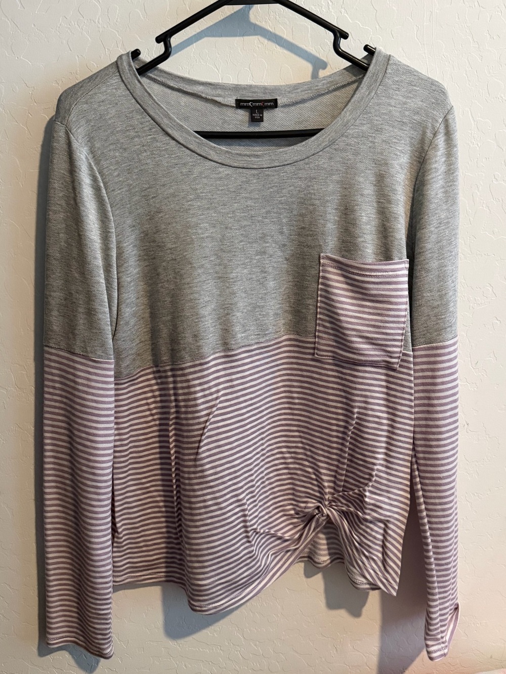 NWT Gray and Lavender Striped Long Sleeve Top with Front Knot